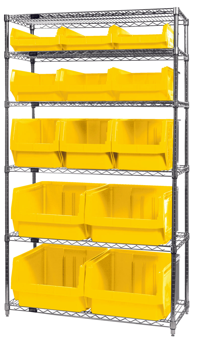 Quantum WR6-13-MIXYL, 18"W 42"D 74"H Bin Wire Shelving System, Yellow Bins, Chrome Plated Finish, Mix