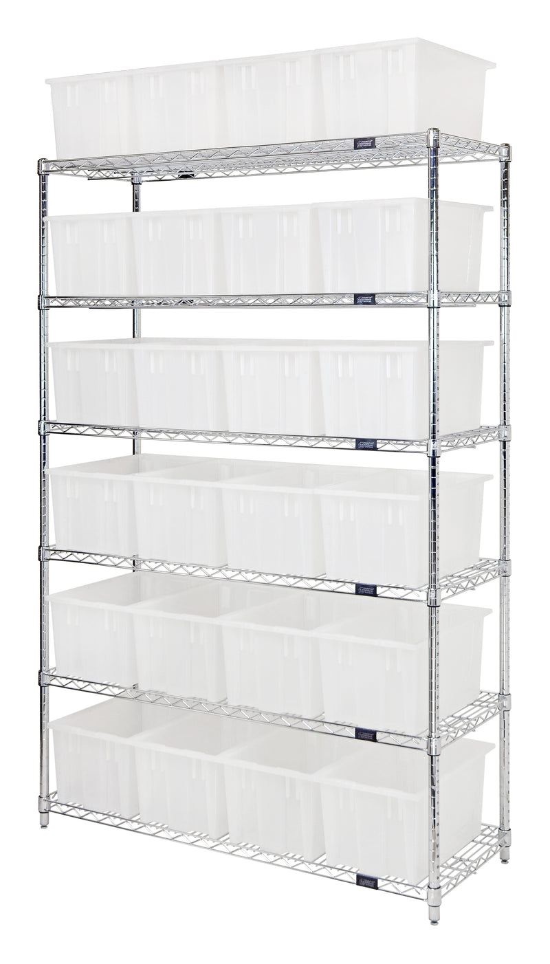 Quantum WR6-24185CL, 18"W 48"D 74"H Bin Wire Shelving System, Clear Containers, Chrome Plated Finish