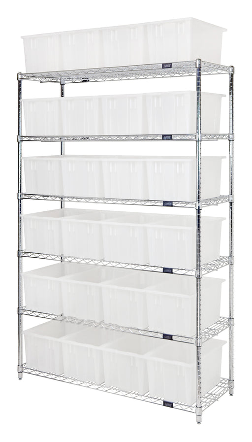 Quantum WR6-24185CL, 18"W 48"D 74"H Bin Wire Shelving System, Clear Containers, Chrome Plated Finish