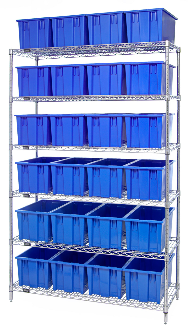Quantum WR6-24185BL, 18"W 48"D 74"H Bin Wire Shelving System, Blue Containers, Chrome Plated Finish