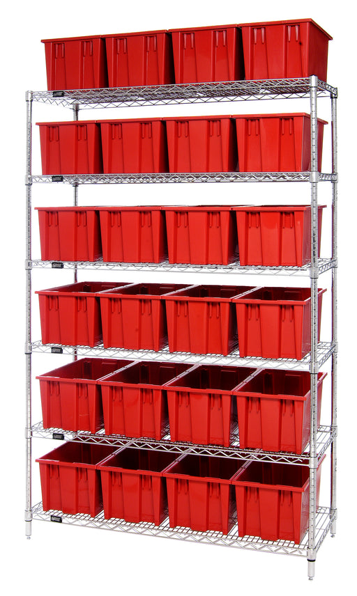 Quantum WR6-24185RD, 18"W 48"D 74"H Bin Wire Shelving System, Red Containers, Chrome Plated Finish