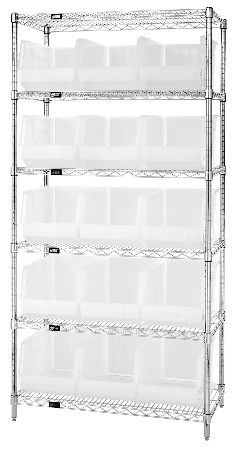 Quantum WR6-260CL, 18"W 36"D 74"H Bin Wire Shelving System, Clear Containers, Chrome Plated Finish