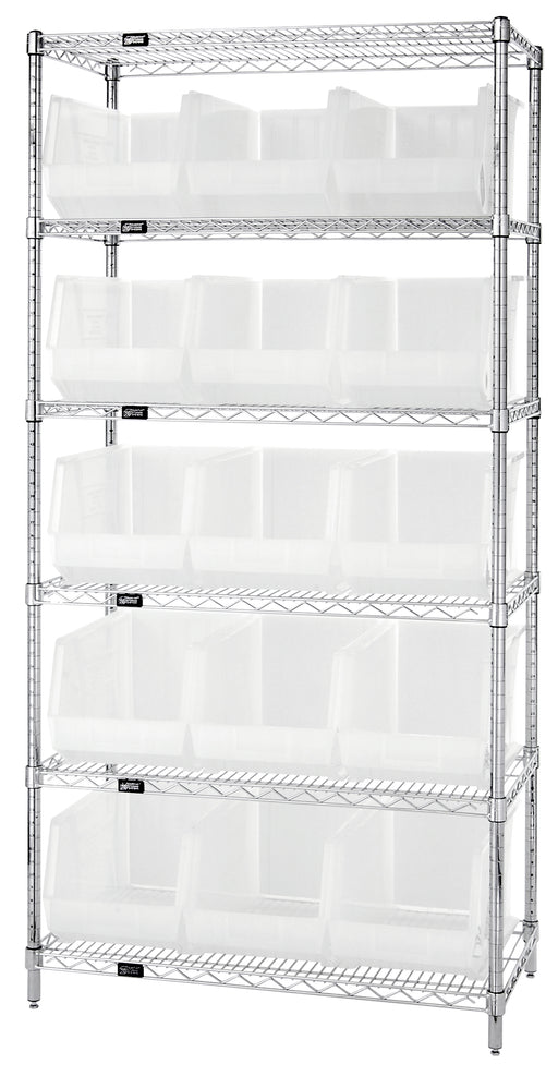 Quantum WR6-260CL, 18"W 36"D 74"H Bin Wire Shelving System, Clear Containers, Chrome Plated Finish