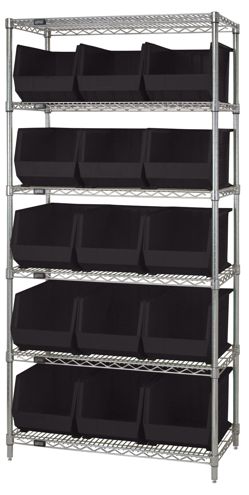 Quantum WR6-260BK, 18"W 36"D 74"H Bin Wire Shelving System, Black Containers, Chrome Plated Finish
