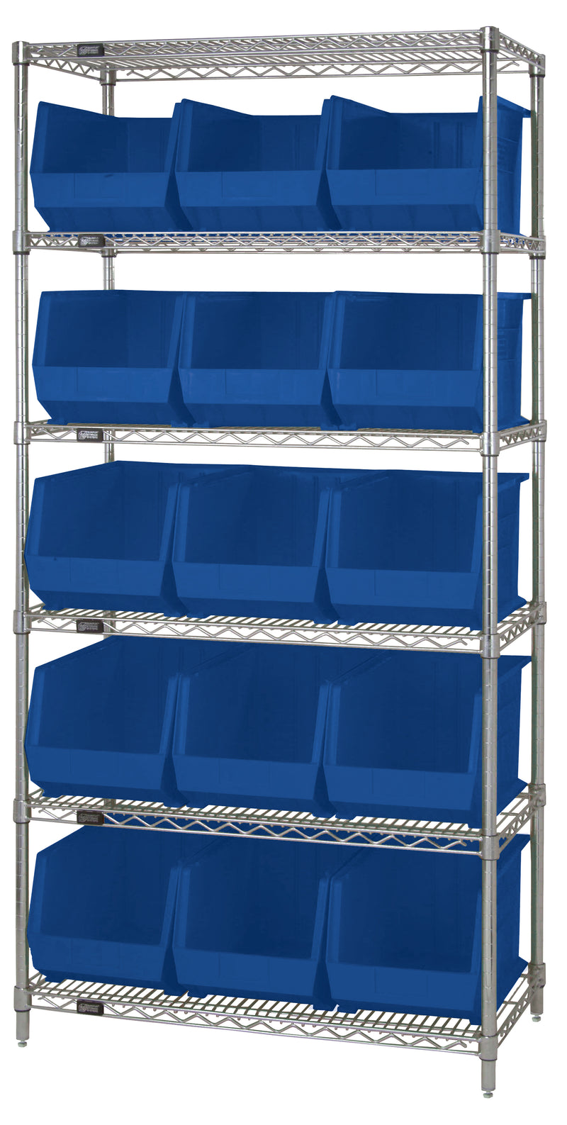 Quantum WR6-260BL, 18"W 36"D 74"H Bin Wire Shelving System, Blue Containers, Chrome Plated Finish
