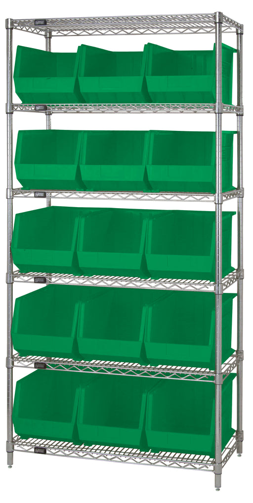 Quantum WR6-260GN, 18"W 36"D 74"H Bin Wire Shelving System, Green Containers, Chrome Plated Finish