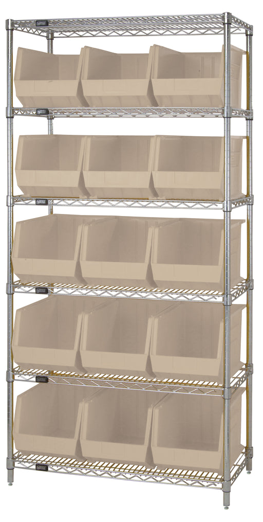 Quantum WR6-260IV, 18"W 36"D 74"H Bin Wire Shelving System, Ivory Containers, Chrome Plated Finish