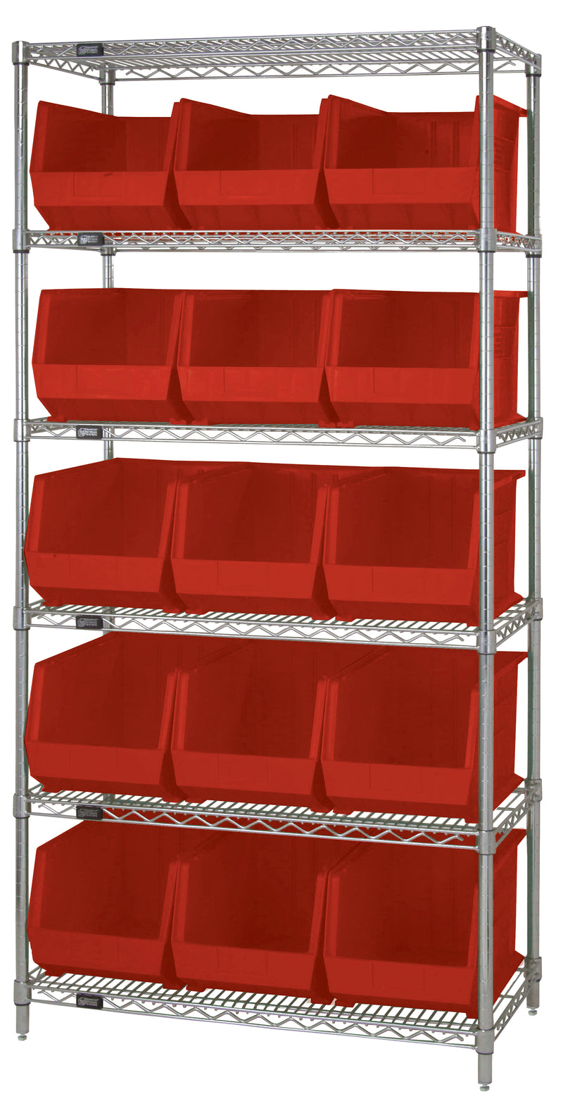 Quantum WR6-260RD, 18"W 36"D 74"H Bin Wire Shelving System, Red Containers, Chrome Plated Finish