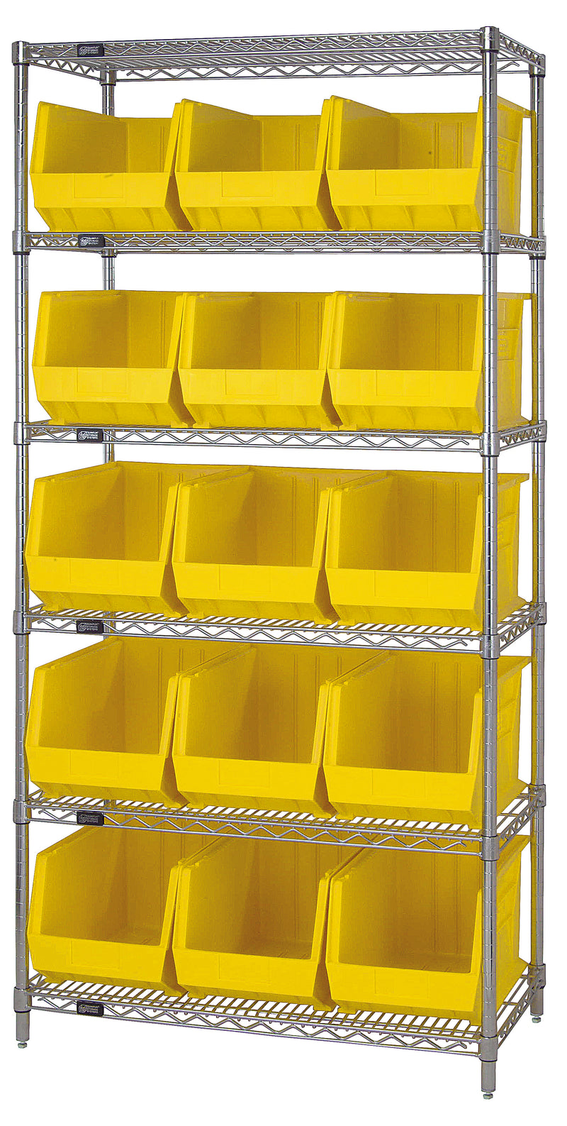 Quantum WR6-260YL, 18"W 36"D 74"H Bin Wire Shelving System, Yellow Containers, Chrome Plated Finish