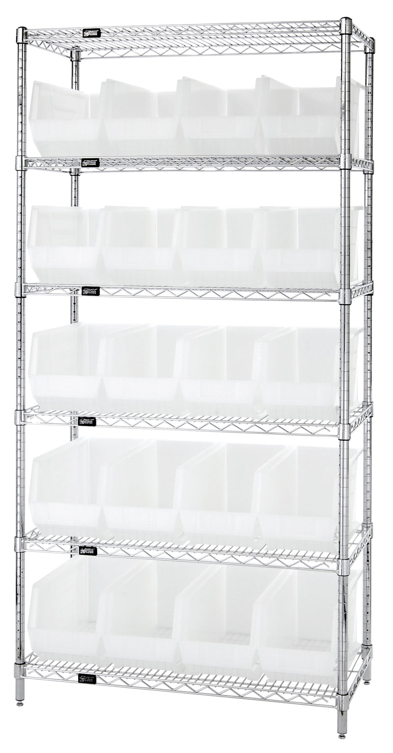 Quantum WR6-265CL, 18"W 36"D 74"H Bin Wire Shelving System, Clear Containers, Chrome Plated Finish