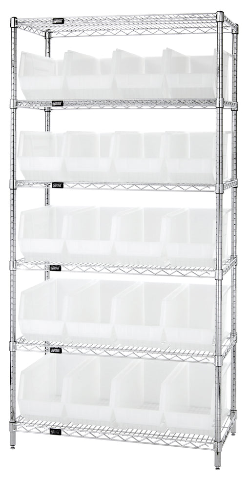 Quantum WR6-265CL, 18"W 36"D 74"H Bin Wire Shelving System, Clear Containers, Chrome Plated Finish