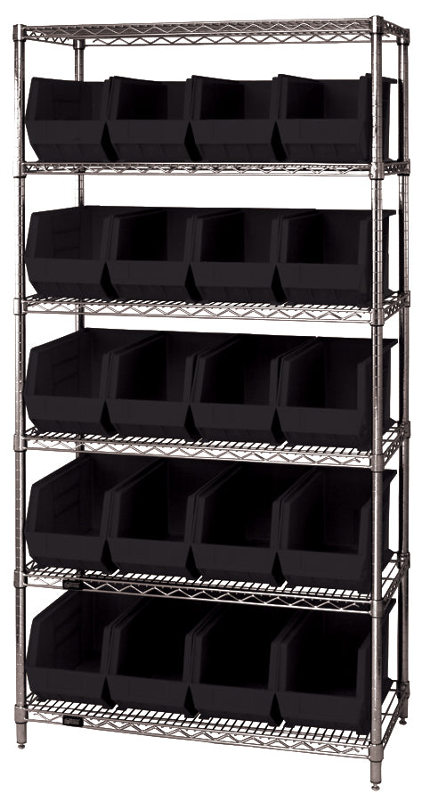 Quantum WR6-265BK, 18"W 36"D 74"H Bin Wire Shelving System, Black Containers, Chrome Plated Finish
