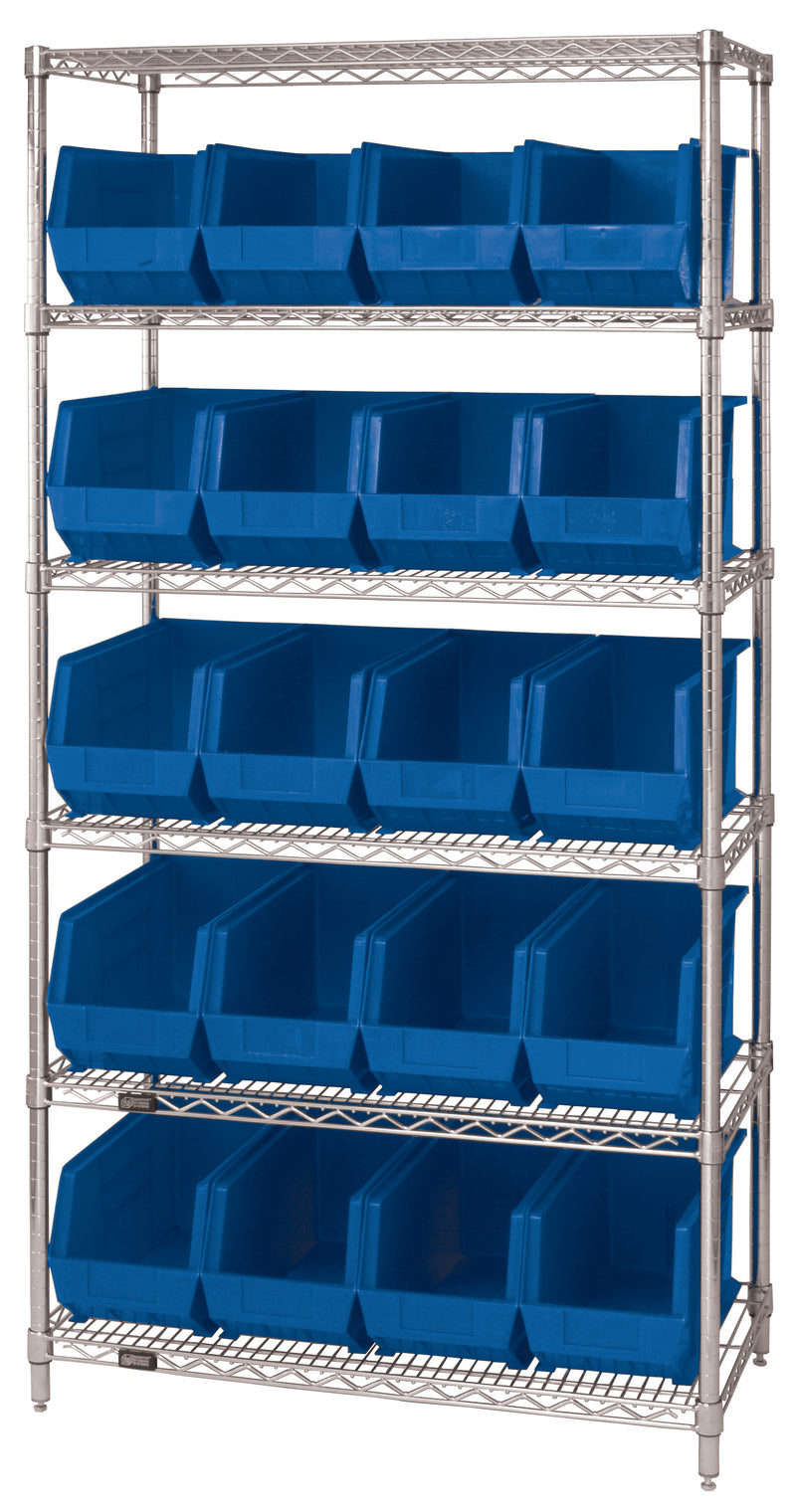 Quantum WR6-265BL, 18"W 36"D 74"H Bin Wire Shelving System, Blue Containers, Chrome Plated Finish