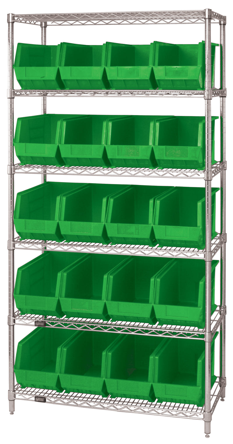 Quantum WR6-265GN, 18"W 36"D 74"H Bin Wire Shelving System, Green Containers, Chrome Plated Finish