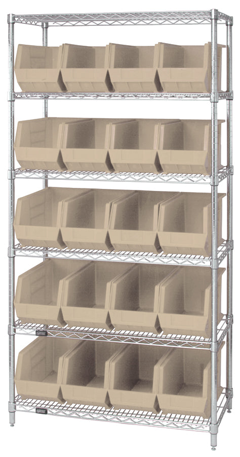 Quantum WR6-265IV, 18"W 36"D 74"H Bin Wire Shelving System, Ivory Containers, Chrome Plated Finish
