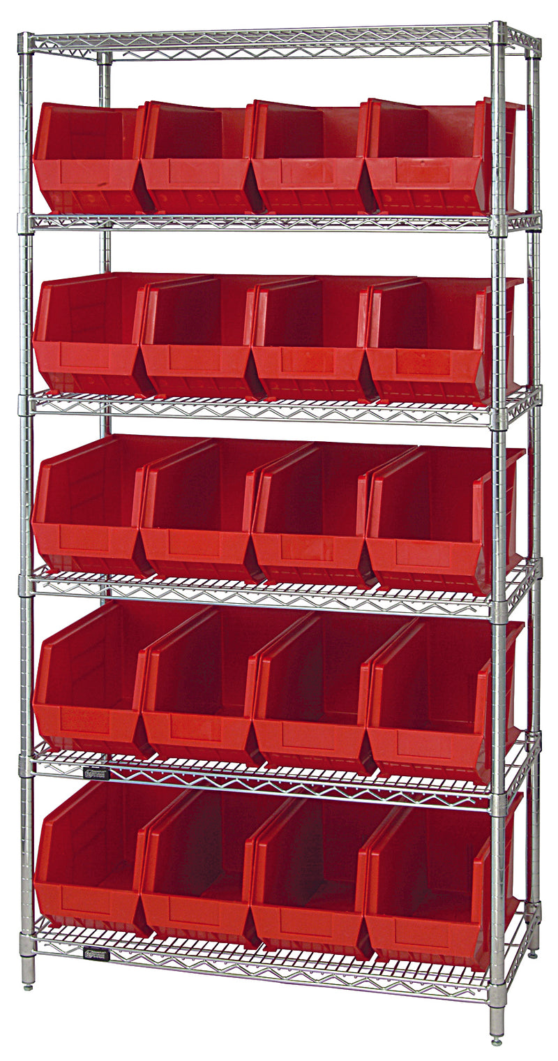 Quantum WR6-265RD, 18"W 36"D 74"H Bin Wire Shelving System, Red Containers, Chrome Plated Finish