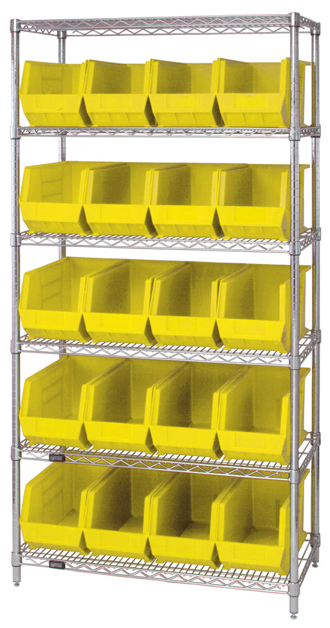 Quantum WR6-265YL, 18"W 36"D 74"H Bin Wire Shelving System, Yellow Containers, Chrome Plated Finish