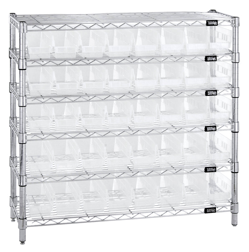 Quantum WR6-36-1236-101CL, 12"W 36"D 36"H Bin Wire Shelving System, Clear Bins, Chrome Plated Finish