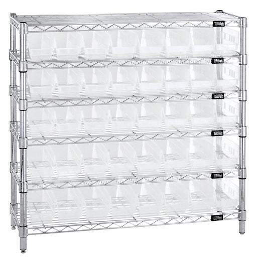 Quantum WR6-36-1236-101CL, 12"W 36"D 36"H Bin Wire Shelving System, Clear Bins, Chrome Plated Finish