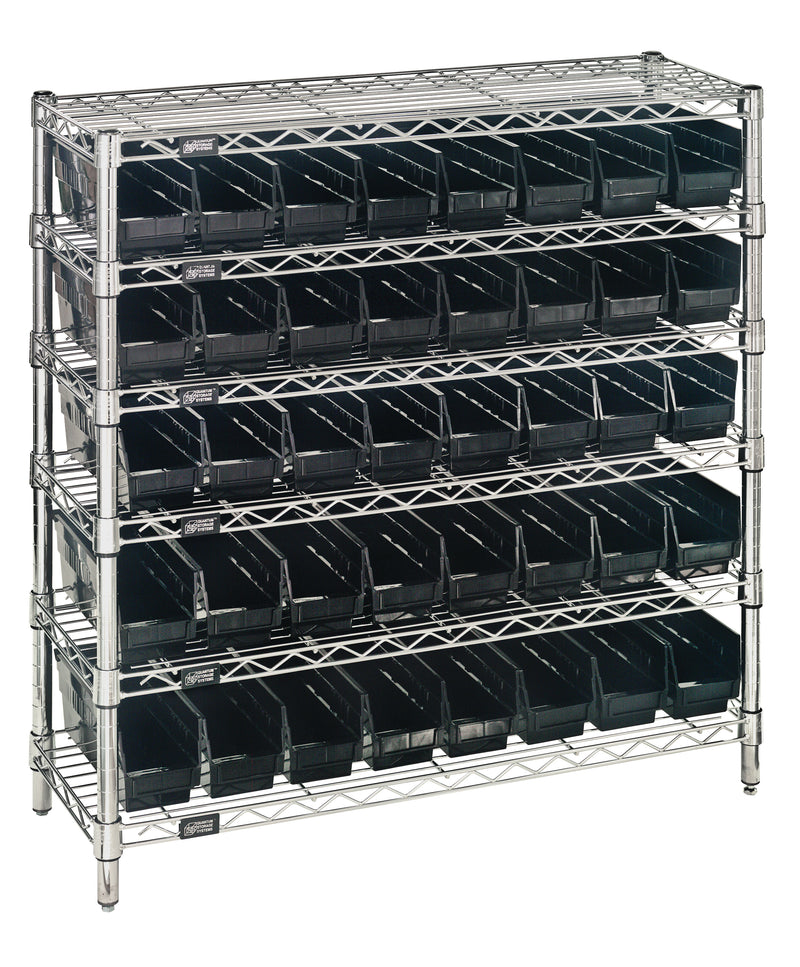 Quantum WR6-36-1236-101BK, 12"W 36"D 36"H Bin Wire Shelving System, Black Bins, Chrome Plated Finish