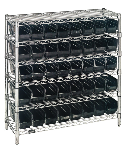 Quantum WR6-36-1236-101BK, 12"W 36"D 36"H Bin Wire Shelving System, Black Bins, Chrome Plated Finish