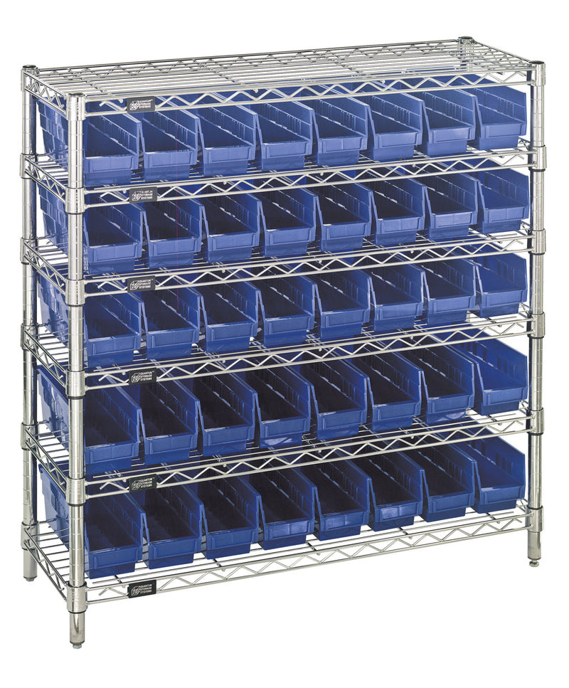 Quantum WR6-36-1236-101BL, 12"W 36"D 36"H Bin Wire Shelving System, Blue Bins, Chrome Plated Finish