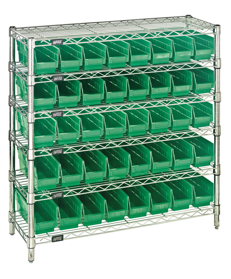 Quantum WR6-36-1236-101GN, 12"W 36"D 36"H Bin Wire Shelving System, Green Bins, Chrome Plated Finish
