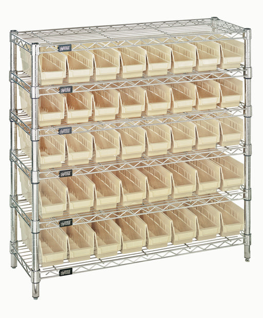 Quantum WR6-36-1236-101IV, 12"W 36"D 36"H Bin Wire Shelving System, Ivory Bins, Chrome Plated Finish