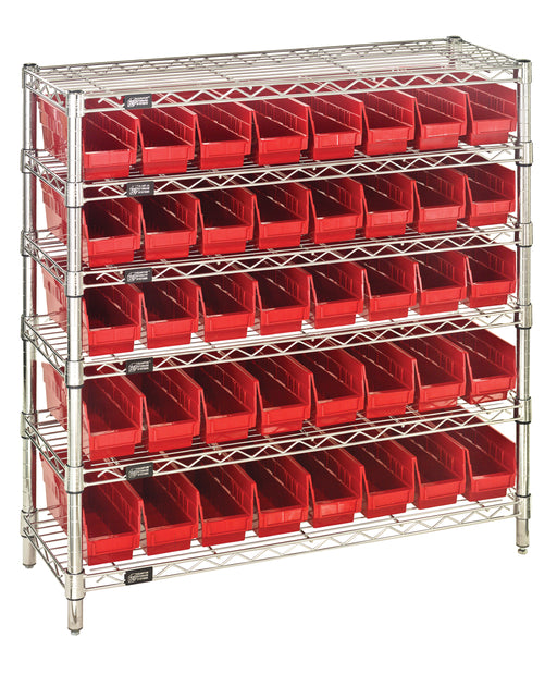 Quantum WR6-36-1236-101RD, 12"W 36"D 36"H Bin Wire Shelving System, Red Bins, Chrome Plated Finish