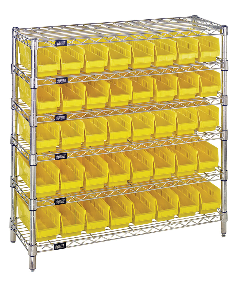 Quantum WR6-36-1236-101YL, 12"W 36"D 36"H Bin Wire Shelving System, Yellow Bins, Chrome Plated Finish