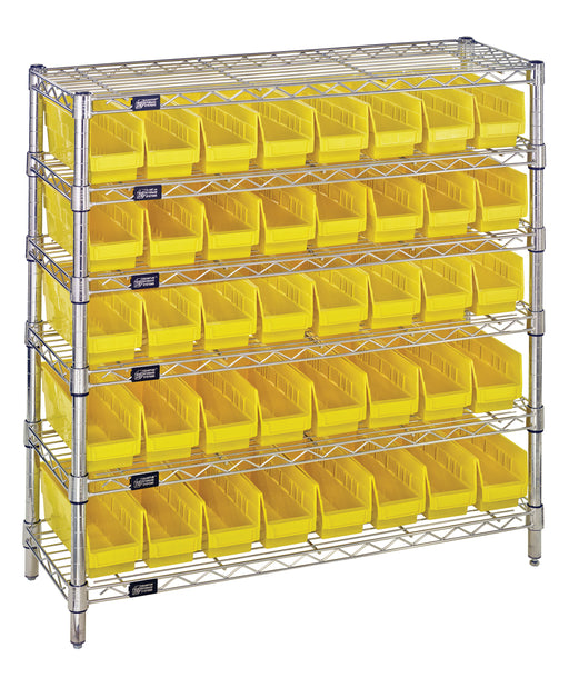Quantum WR6-36-1236-101YL, 12"W 36"D 36"H Bin Wire Shelving System, Yellow Bins, Chrome Plated Finish