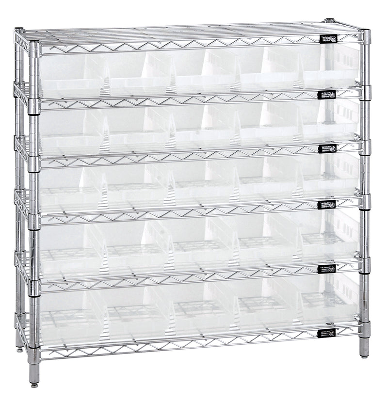 Quantum WR6-36-1236-102CL, 12"W 36"D 36"H Bin Wire Shelving System, Clear Bins, Chrome Plated Finish