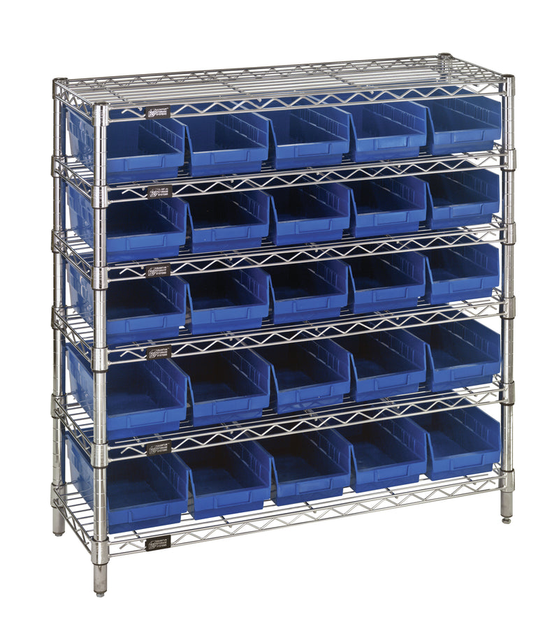 Quantum WR6-36-1236-102BL, 12"W 36"D 36"H Bin Wire Shelving System, Blue Bins, Chrome Plated Finish