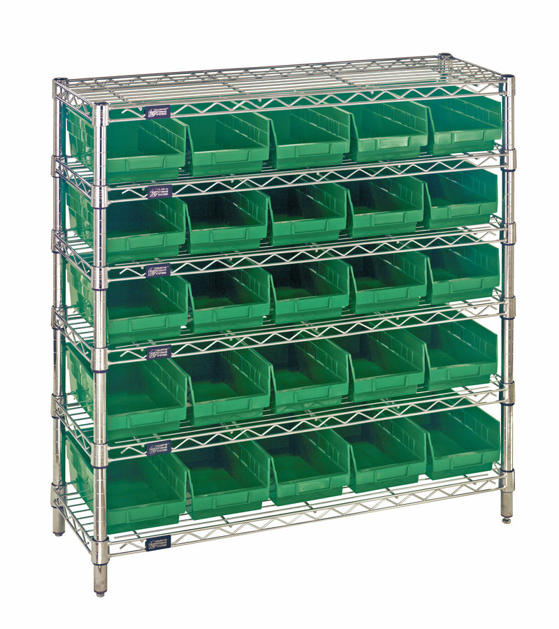Quantum WR6-36-1236-102GN, 12"W 36"D 36"H Bin Wire Shelving System, Green Bins, Chrome Plated Finish