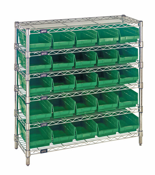 Quantum WR6-36-1236-102GN, 12"W 36"D 36"H Bin Wire Shelving System, Green Bins, Chrome Plated Finish