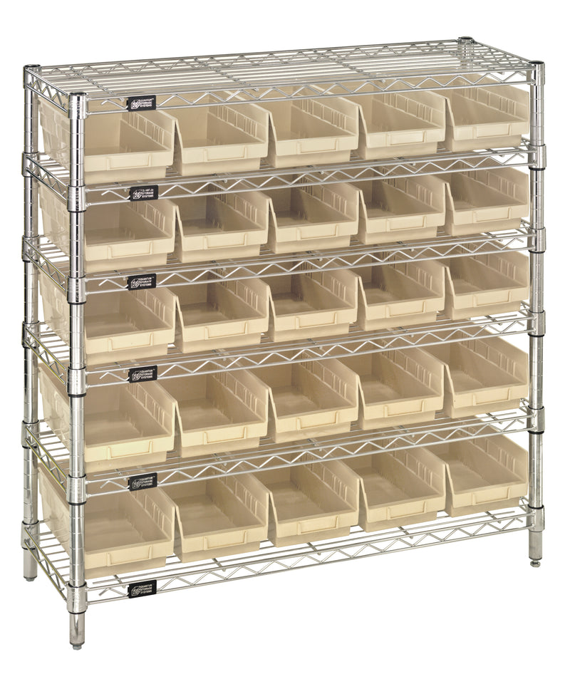 Quantum WR6-36-1236-102IV, 12"W 36"D 36"H Bin Wire Shelving System, Ivory Bins, Chrome Plated Finish