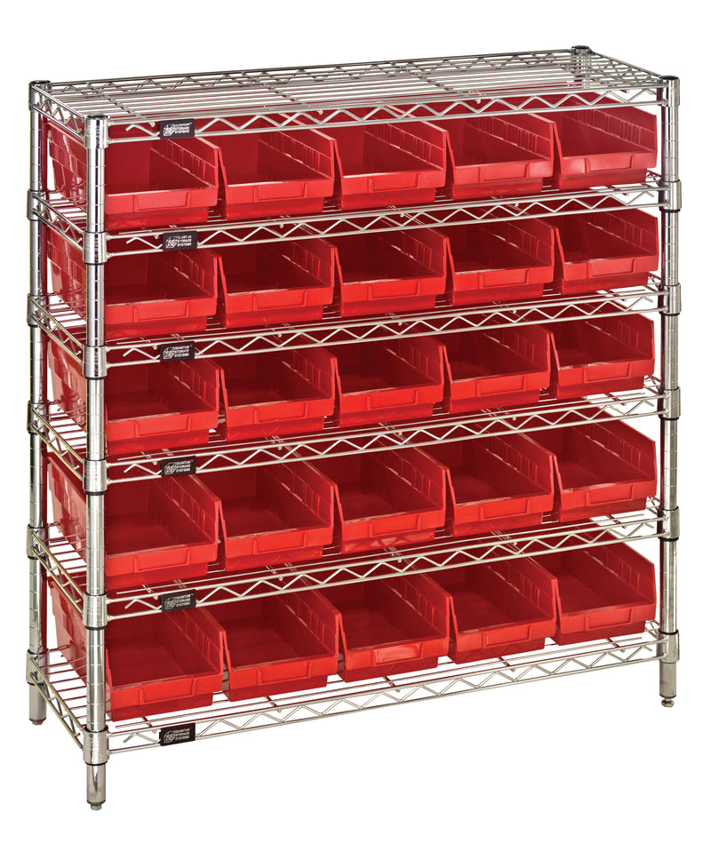 Quantum WR6-36-1236-102RD, 12"W 36"D 36"H Bin Wire Shelving System, Red Bins, Chrome Plated Finish