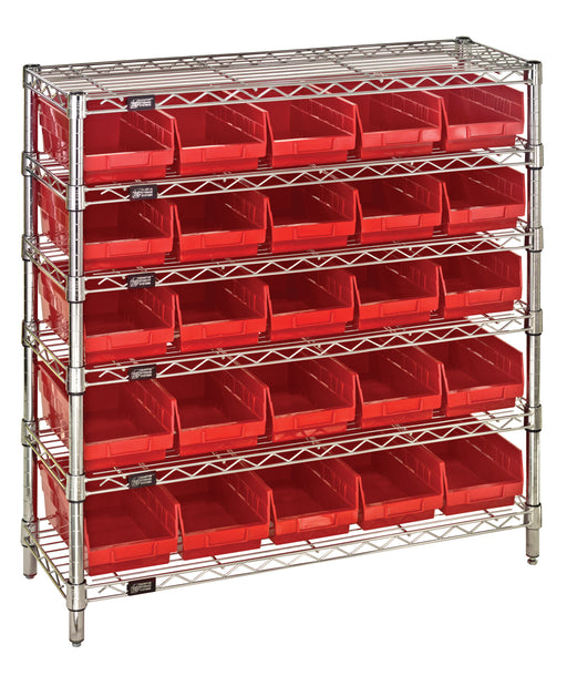Quantum WR6-36-1236-102RD, 12"W 36"D 36"H Bin Wire Shelving System, Red Bins, Chrome Plated Finish