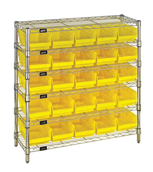 Quantum WR6-36-1236-102YL, 12"W 36"D 36"H Bin Wire Shelving System, Yellow Bins, Chrome Plated Finish
