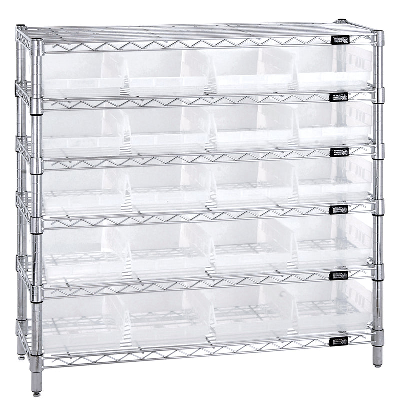 Quantum WR6-36-1236-107CL, 12"W 36"D 36"H Bin Wire Shelving System, Clear Bins, Chrome Plated Finish