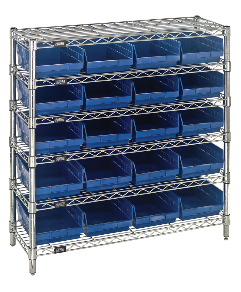 Quantum WR6-36-1236-107BL, 12"W 36"D 36"H Bin Wire Shelving System, Blue Bins, Chrome Plated Finish