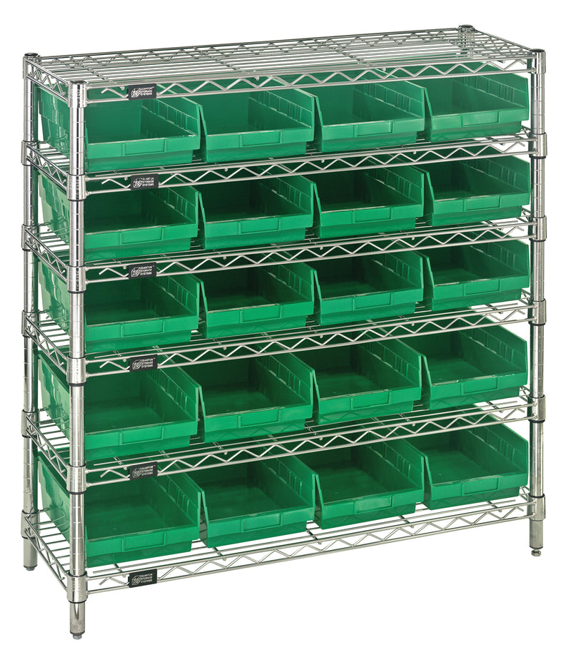 Quantum WR6-36-1236-107GN, 12"W 36"D 36"H Bin Wire Shelving System, Green Bins, Chrome Plated Finish