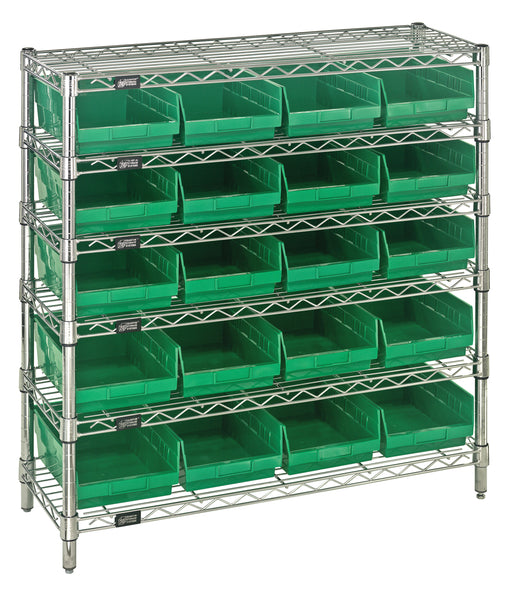 Quantum WR6-36-1236-107GN, 12"W 36"D 36"H Bin Wire Shelving System, Green Bins, Chrome Plated Finish
