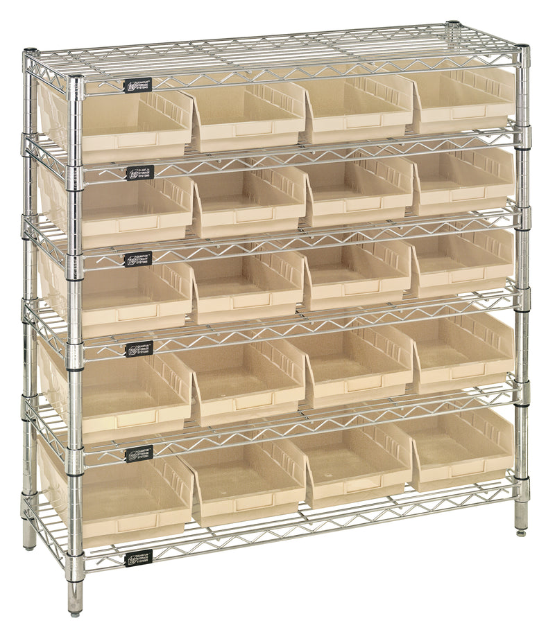 Quantum WR6-36-1236-107IV, 12"W 36"D 36"H Bin Wire Shelving System, Ivory Bins, Chrome Plated Finish
