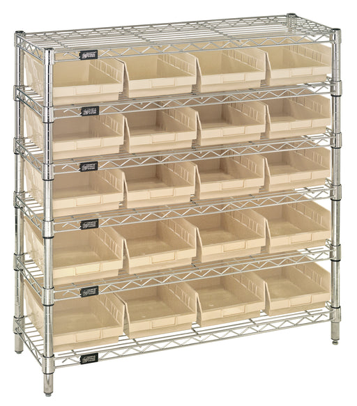 Quantum WR6-36-1236-107IV, 12"W 36"D 36"H Bin Wire Shelving System, Ivory Bins, Chrome Plated Finish