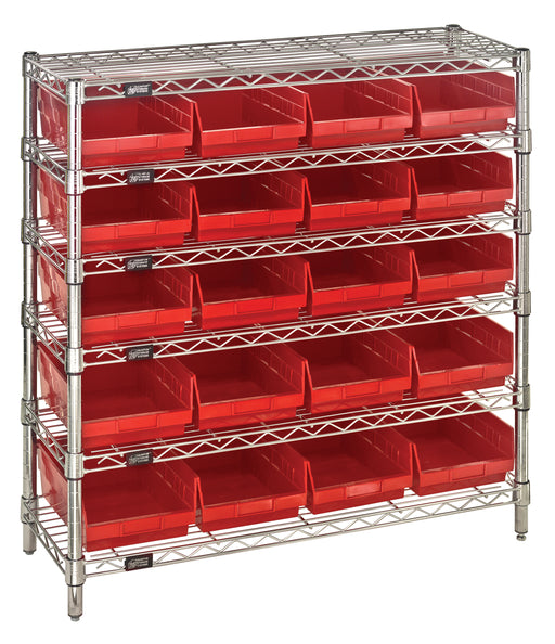 Quantum WR6-36-1236-107RD, 12"W 36"D 36"H Bin Wire Shelving System, Red Bins, Chrome Plated Finish
