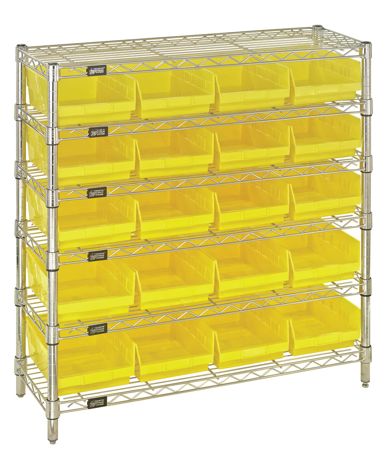 Quantum WR6-36-1236-107YL, 12"W 36"D 36"H Bin Wire Shelving System, Yellow Bins, Chrome Plated Finish