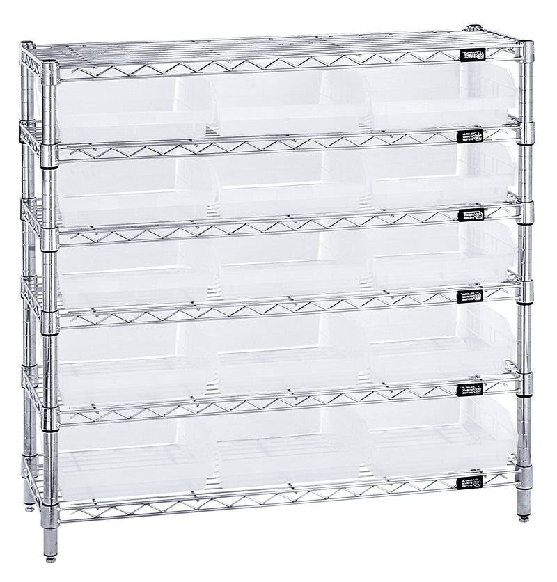 Quantum WR6-36-1236-109CL, 12"W 36"D 36"H Bin Wire Shelving System, Clear Bins, Chrome Plated Finish