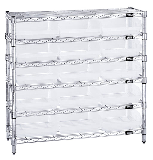Quantum WR6-36-1236-109CL, 12"W 36"D 36"H Bin Wire Shelving System, Clear Bins, Chrome Plated Finish