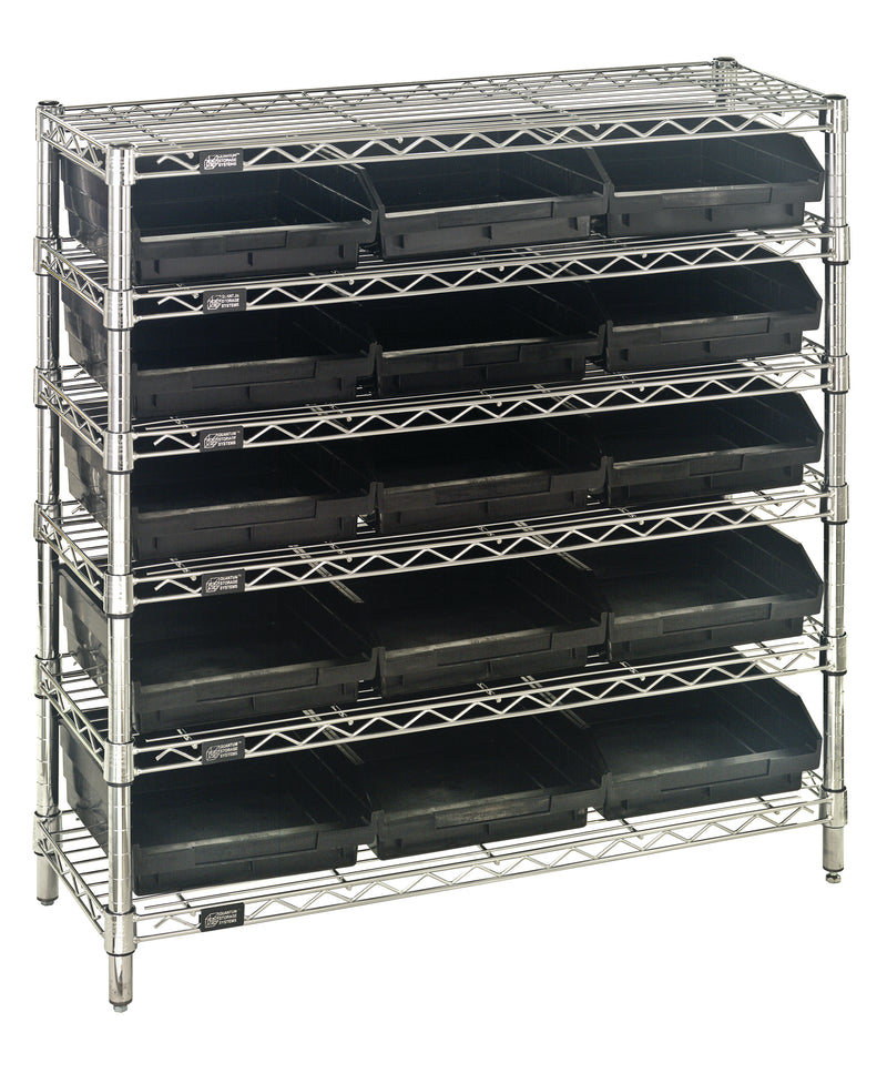 Quantum WR6-36-1236-109BK, 12"W 36"D 36"H Bin Wire Shelving System, Black Bins, Chrome Plated Finish